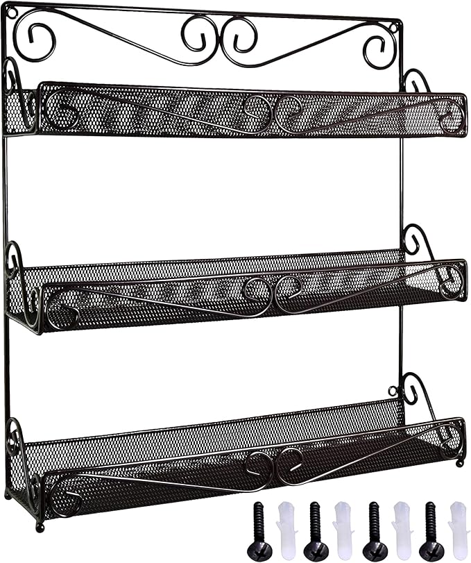 AMT 3 Tier Nail Rack, Pack Metal Wall Mount Organizer, Essential Oils Organizer, Pantry Cabinet Door Shelf Storage. Hanging Display for Spice Jars, Sauces, Cosmetic Beauty Bottles