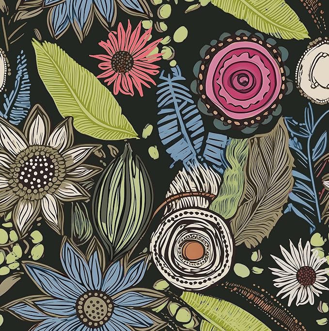 Boho Wallpaper Peel and Stick, Dark Green Vintage Floral Contact Paper