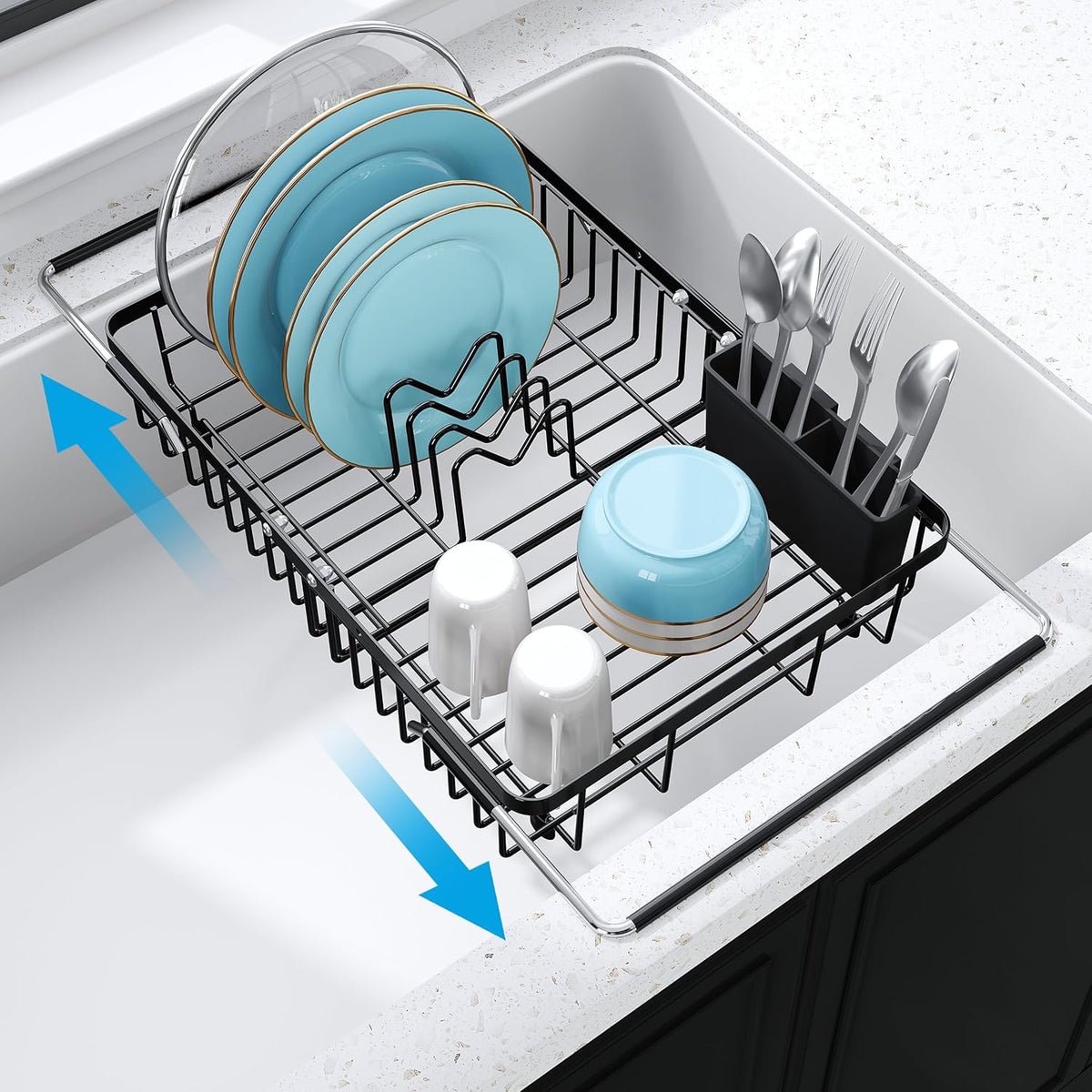 JASIWAY Dish Drying Rack in Sink, Expandable Stainless Steel Dish Drainers for Kitchen Counter, Dish Dryer Rack for Inside Sink, Over The Sink Dish Racks with Utensil Holder, Silver