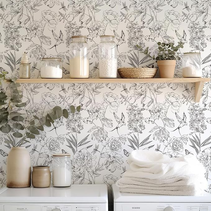 Jiffdiff White and Black Wallpaper Peel and Stick Sketched Peony Floral