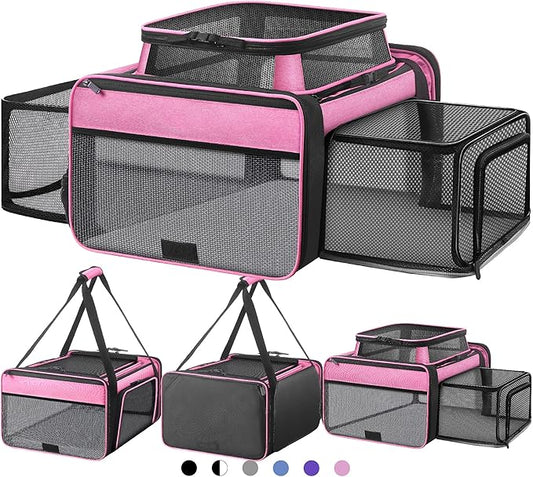 Top and 2 Sides Expandable Cat Carrier 18x13.5x9.5, TSA Airline Approved Dog Carriers for Small Dogs, Soft-Sided Pet Carrier with Self-Locking Zippers for Kitten,Rabbit, Puppy, Guinea Pig Pink