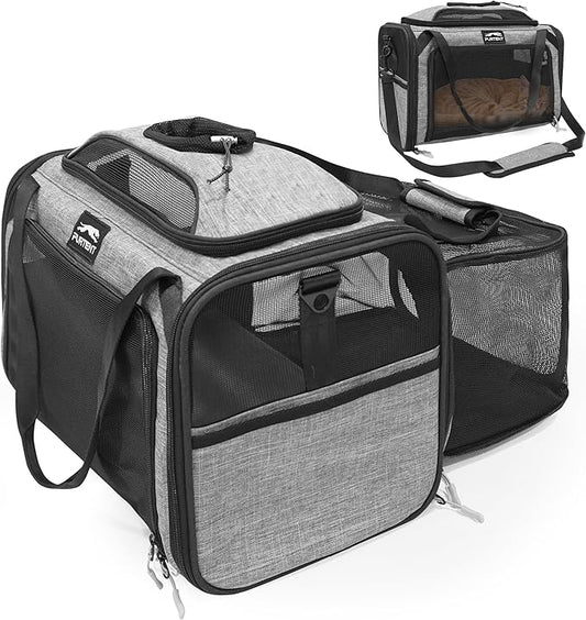 Top and Side Expandable Pet Carriers, 16x11x11 Airline Approved Soft-Sided Cat Carrier for Small Dogs and Cats, in-Cabin Travel Carrier with Anti-Scratch Mesh, Grey