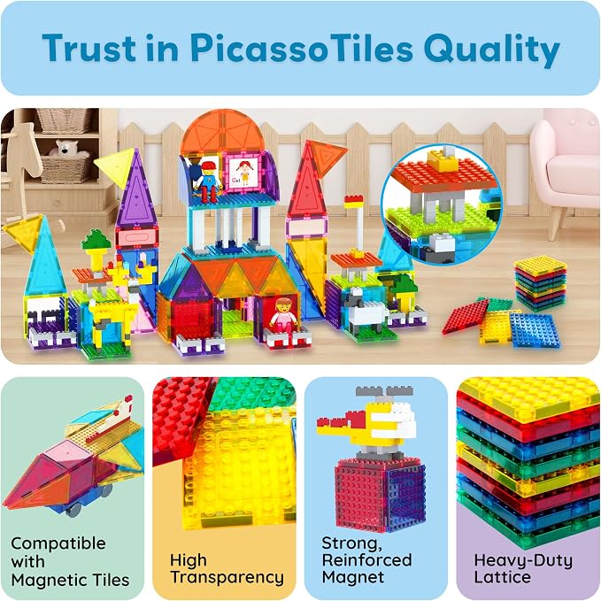PicassoTiles Magnetic Building Blocks Brick Tiles STEM Creative Magnet Tiles Add Ons Set Construction Toy Socket Spikes Accessory Toys Educational Imaginative Learning Kit Stacking Set Toddlers Colors