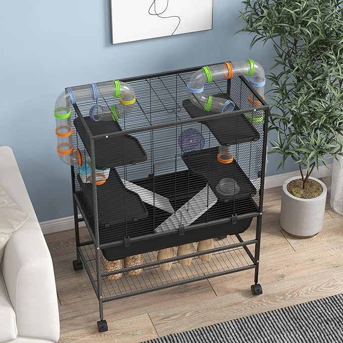 PawHut 32" Large Hamster Cage with Storage Shelf, Rat Cage for Syrian Hamster, Gerbils, with Tubes, Running Wheel, Food Dish, Water Bottle