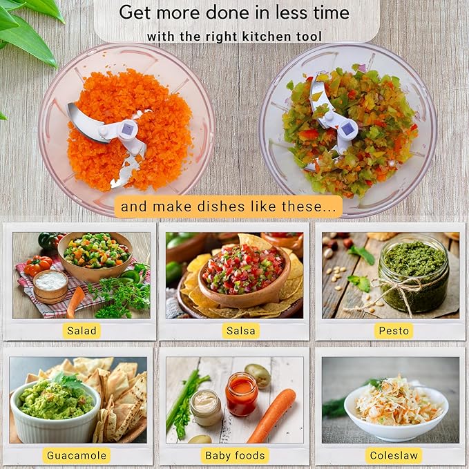 Brieftons Manual Food Chopper, Compact & Powerful Hand Pull Chopper Blender to Chop Onion, Garlic, Vegetables, Fruits, Herbs for Salsa, Salad, Pesto, Hummus, Coleslaw, Puree, Indian Cooking