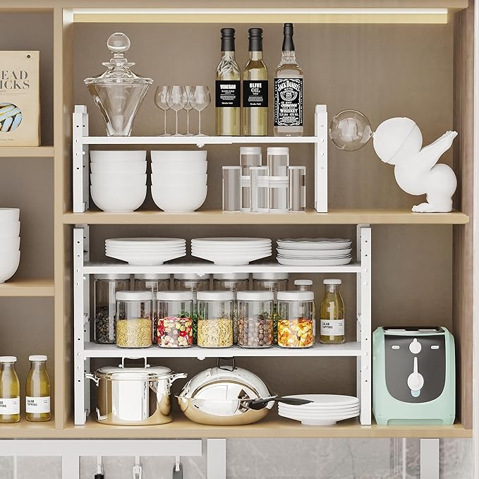Jojocross Expandable Shelf for Cabinet Organizer Adjustable Stackable Spice Rack at Kitchen and Bathroom More,2 Packs/White, Medium