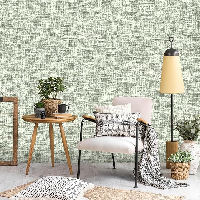 Green Grasscloth Wallpaper 17.3"x160" Faux Linen Textured Contact Paper