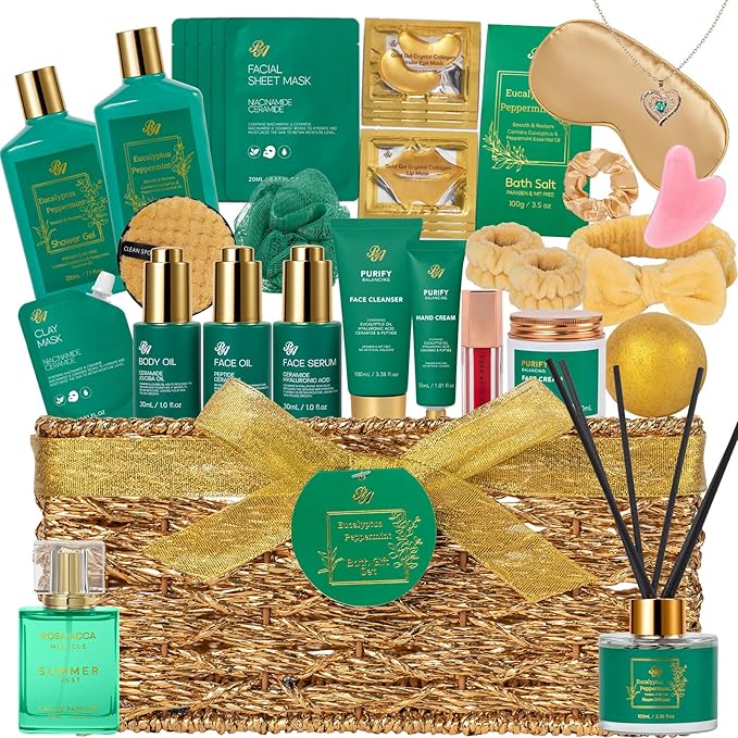 35 Pcs Christmas Gifts for Women, Eucalyptus Bath & Body Gift Basket, Self-Care Relaxation Set, Face Skin Care Kit, Home Spa Gift, Bath Bomb, Face Oil, Birthday, Valentines, Mother's Day, Anniversary
