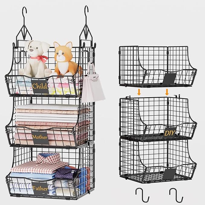Hanging Closet Organizers and Storage, 6 Tier Closet Shelf Clothes Organizer with 2 S-Hooks, Multi-Functional Iron Wire Baskets, for Clothing, Sweaters, Handbags, Hat, Canned