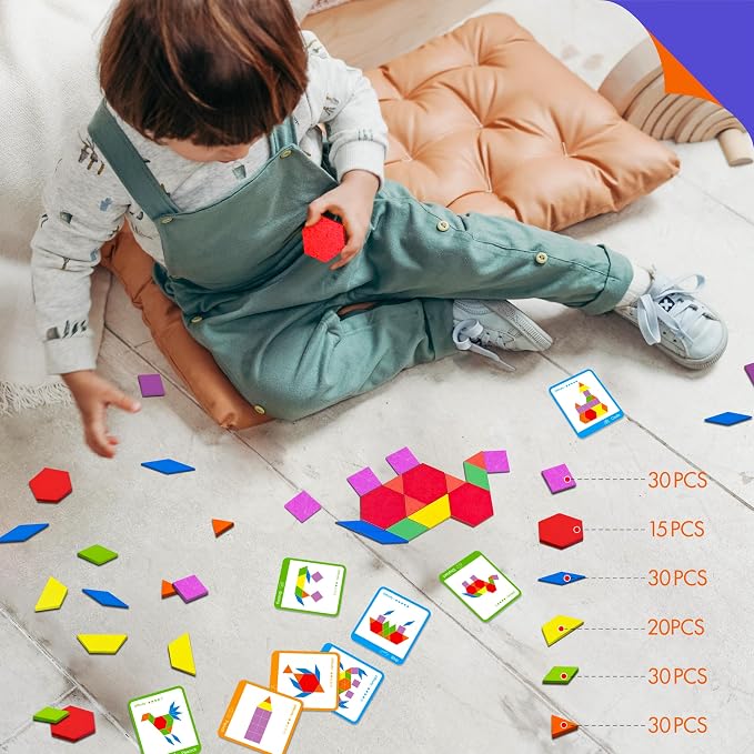155 PCS Wooden Pattern Blocks Set, 24 Double-Sided Design Cards(48 Patterns) Geometric Shape Puzzle Fun Tangram Montessori Learning Toys for Kids Ages 4-8 (A Storage Bag & A Gift Box)