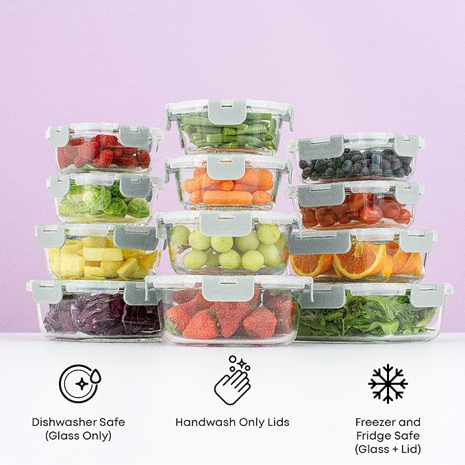 JoyJolt 24pc Borosilicate Glass Storage Containers with Lids | 12 Airtight/Freezer Safe Food Storage Containers for Pantry and Kitchen | Meal Prep Container for Lunch | Glass meal Set