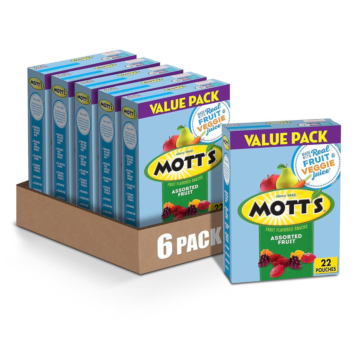 Mott's Assorted Fruit Snacks Family Pack, Gluten Free Gummies, Made with Fruit & Veggie Juice, Good Source of Vitamin C, Gelatin Free, 40 Count Individual Pouches, 32 oz