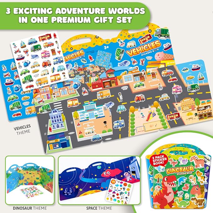 Premium Reusable Jelly Sticker Book Set for Toddlers & Kids – Dinosaur, Space & Vehicles 3-Pack Collection | Washable Silicone Stickers | Screen-Free Travel Activity | Mess-Free Toy