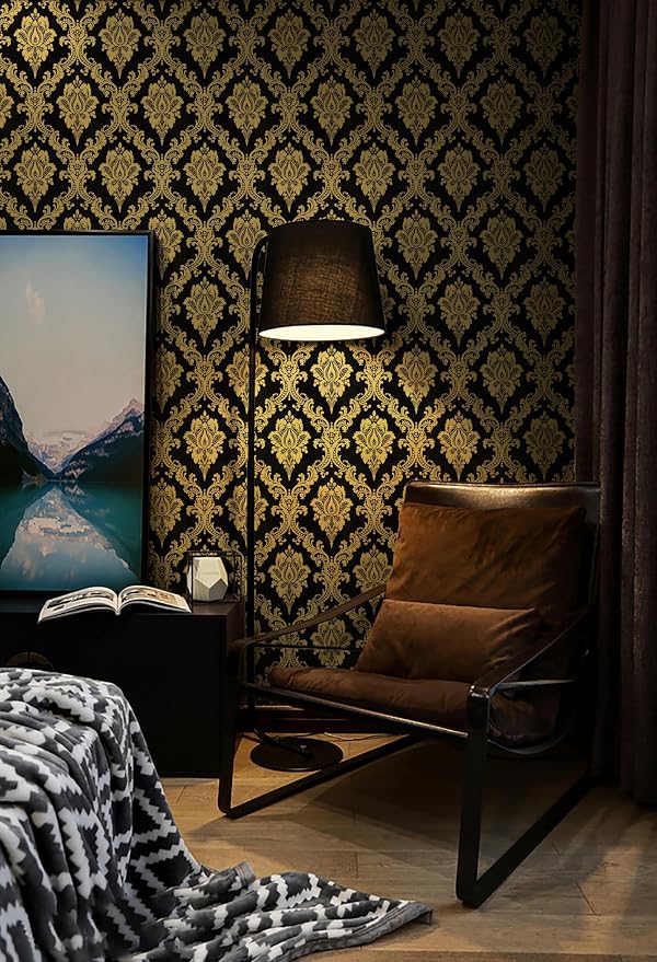 Peel and Stick Wallpaper Black and Yellow Damask Wallpaper