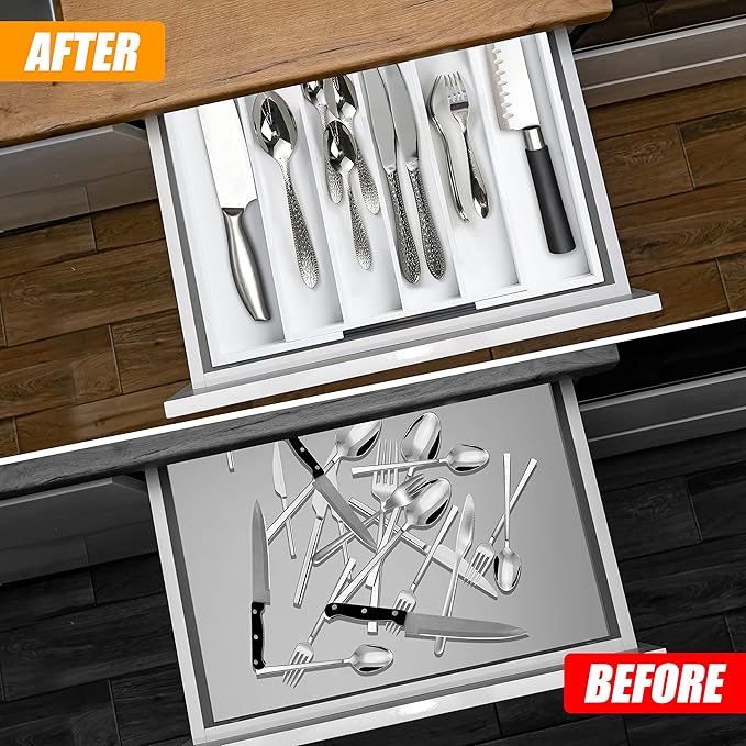 Bellsal White Silverware Organizer Kitchen Drawer Organizer Expandable Bamboo Utensil Holder Cutlery Tray for Kitchen Utensil and Flatware Bedroom Office