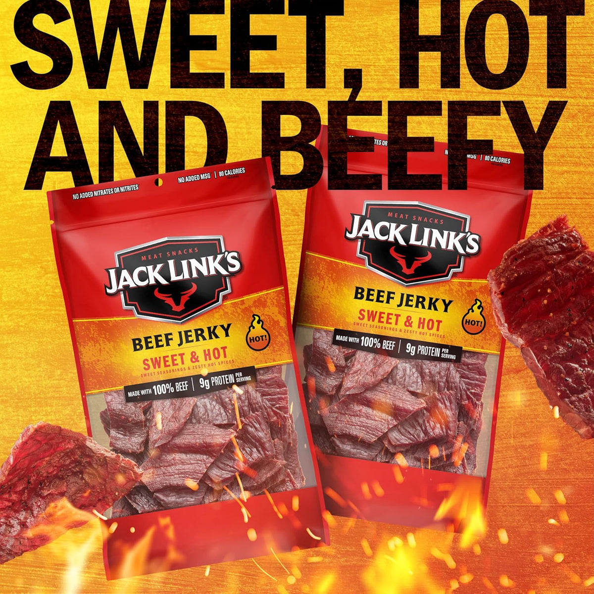 Jack Link's Beef Jerky, Sweet & Hot, Large Jerky Bags - Flavorful Meat Snacks, Ready to Eat Protein Snacks, 9g of Protein per Serving, Made with 100% Beef - 9 Oz. (Pack of 2)