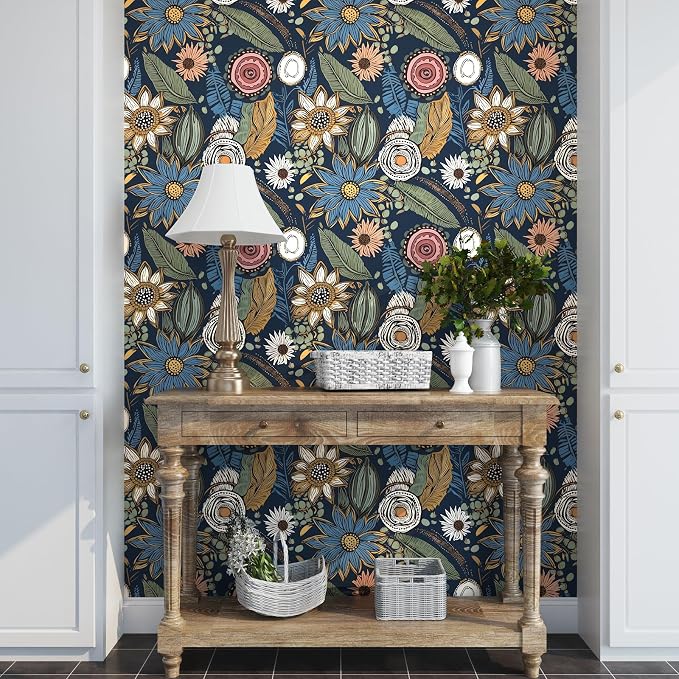 Blue Wallpaper Peel and Stick, Vintage Boho Floral Contact Paper 17.5" x 118"
