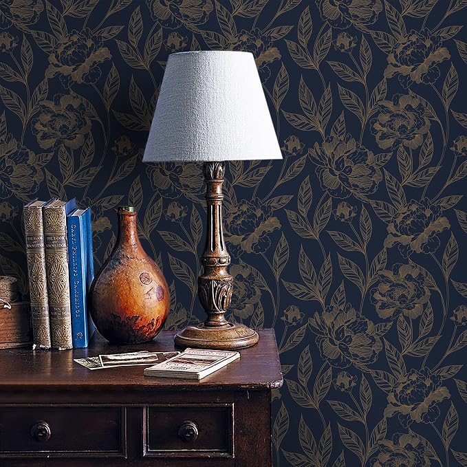 Timeet Peel and Stick Wallpaper Gold and Blue Floral Wall Paper