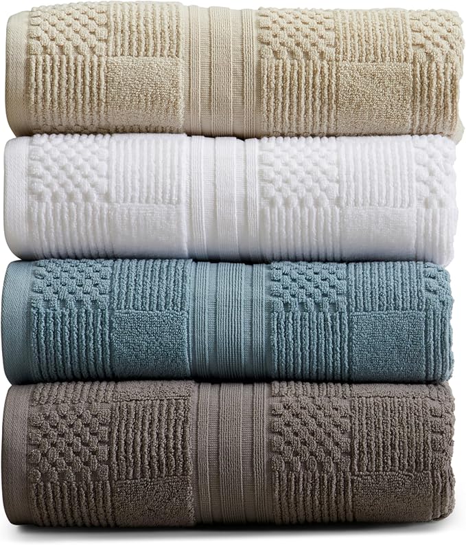 Springtree Home 100% Cotton Bath Towel Set of 4 | Grey Towels | Geometric Textured Design | Absorbent & Quick-Dry | 4 Bath Towels | Oeko-TEX® Standard 100 Cotton | Myla Collection - Frost Grey