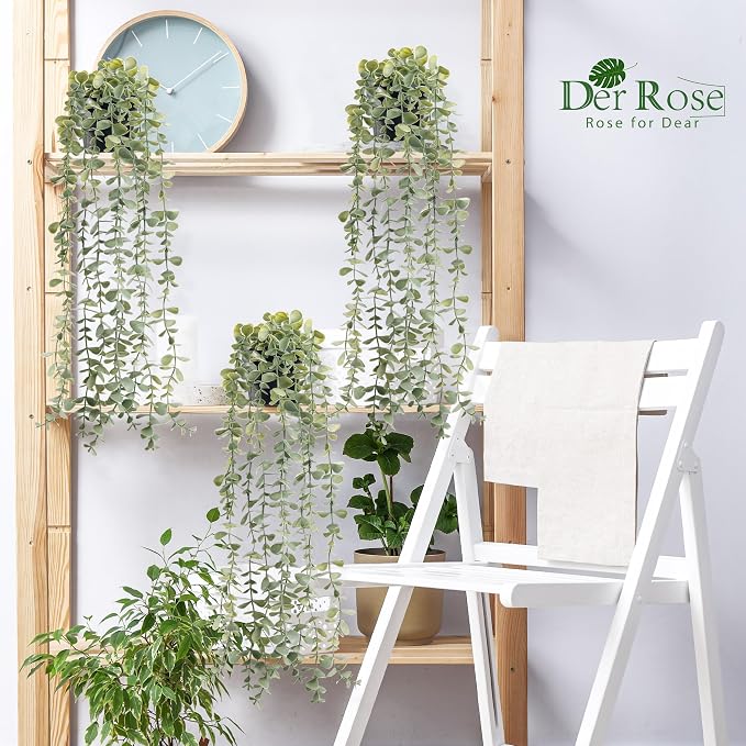 Der Rose 3Pcs Fake Plants Hanging Artificial Decor Faux Potted Eucalyptus Plants