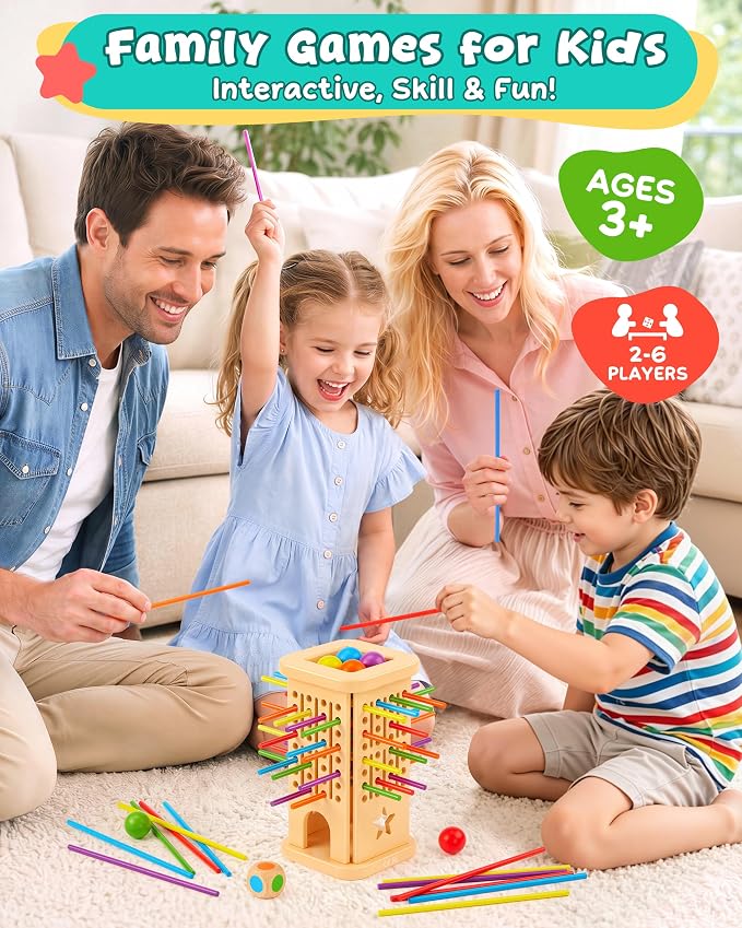 Montessori Board Game for Kids 4-6, Wooden Colorful Sticks Ball Drop Games | Color Matching Educational Toy for 3 4 5 6 Year Olds, Fine Motor Skills, Family Travel Game, Birthday Gift for Boys & Girls