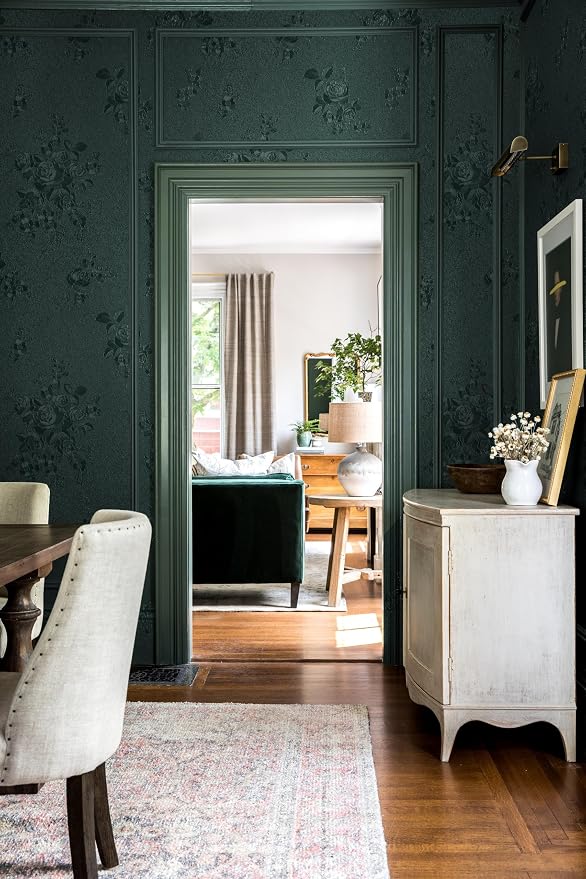 Erfoni 118"x17.7" Dark Green Wallpaper Thicken Floral Embossed Contact Paper