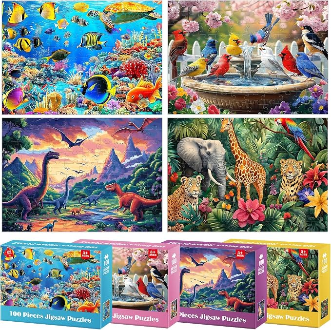 100 Piece Puzzles for Kids 4-8 - Wildlife Birds Marine Dinosaurs Puzzle for Toddlers 3-5 Large Piece Puzzle for Seniors Adults Puzzles for Kids Ages 4-6 6-8 8-10 Educational Toys Gift