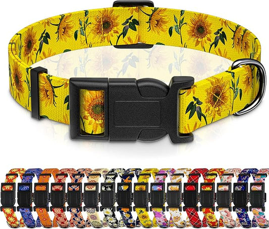 Dog Collar, Floral Boys Girls Puppy Collar, Adjustable Soft Pet Collar with Safety Buckle for Small Medium Large Dogs (Yellow Sunflower, XS)