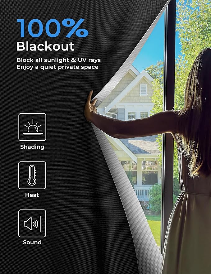Sumobaby Blackout Curtains Portable 24"x48",No Drill Blackout Shades with Heat-resistant Hook&Loop Tapes,100% Blackout Window Cover,Thermal Insulated Blinds for Window in Various Scenes(1 Panel,Black)
