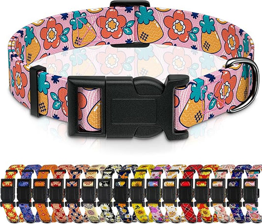 Dog Collar, Cute Cartoon Fruit Boys Girls Puppy Collar for Small Medium Large Dogs, Adjustable Soft Pet Collar with Safety Buckle for Male Females(Pink Cartoon, L)