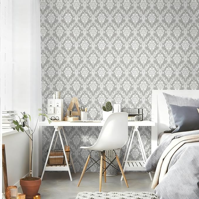 Peel and Stick Wallpaper Grey and White Damask Wallpaper