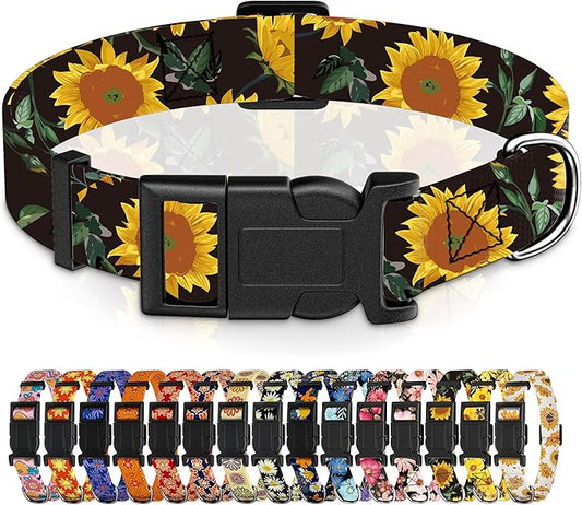 Dog Collar for Boys Girls, Sunflower Puppy Collar for Small Medium Large Dogs, Adjustable Soft Floral Pet Collar with Safety Buckle for Male Females(Black Sunflower,M)