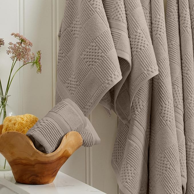 Springtree Home 100% Cotton Bathroom Towel Set | 6 Piece Set - Brown Bath Towels | Geometric Textured Design | Absorbent & Quick-Dry | Oeko-TEX® Standard 100 Cotton | Myla Collection - Cobblestone