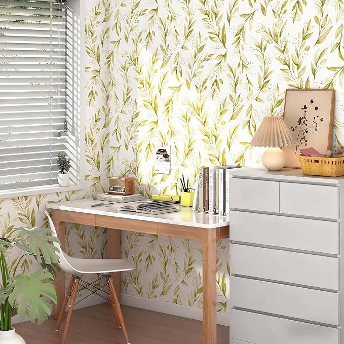 Livebor Leaf Peel and Stick Wallpaper Olive Leaf Contact Paper17.7in x 196.8in