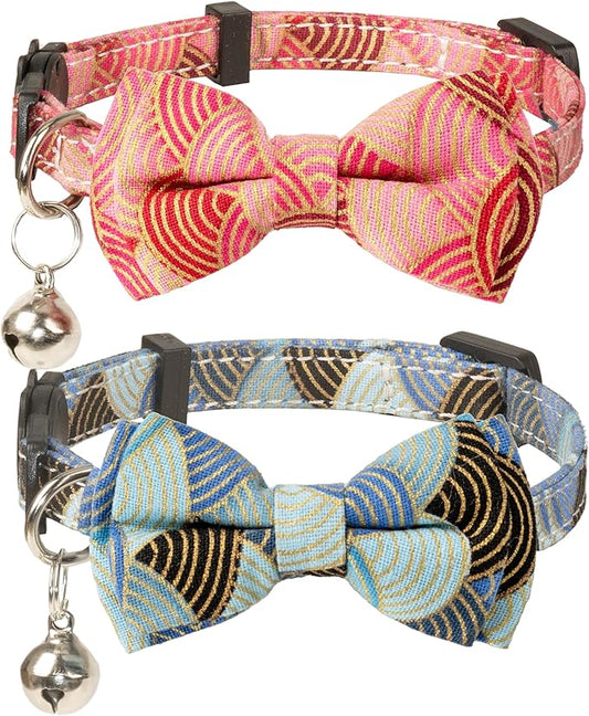 Collar for Cat Pet Breakaway with Bell Bowtie Detachable Bow Adjustable Safety Kitten Puppy Girl Boy 2pcs Kimono-Blue & Pink