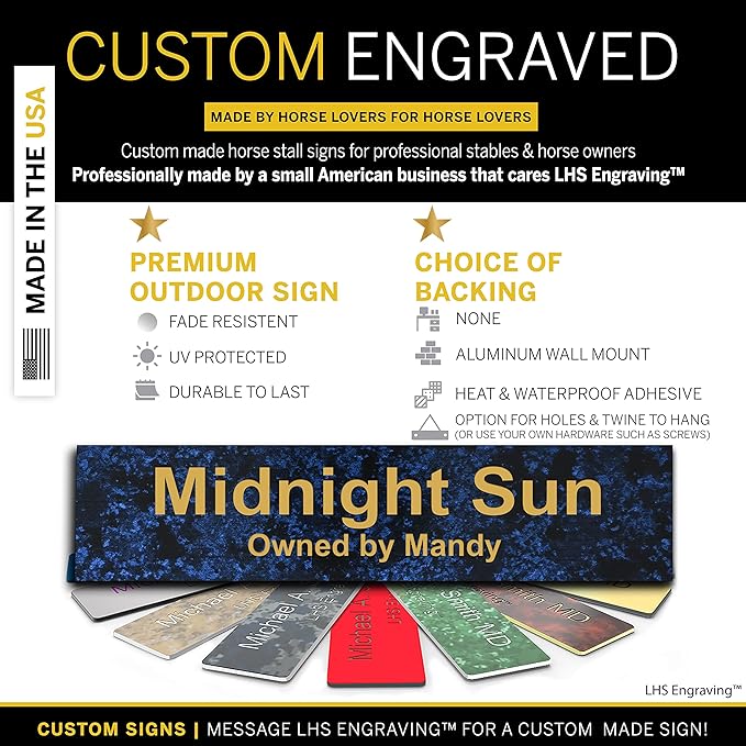 Horse Stall Name Plate, 2x10 Personalized Stall Signs, UV Protected, All Weather Adhesive, Hanging, Mounting or Other, Celestial Blue Plastic Gold Letters - Made in USA - S1