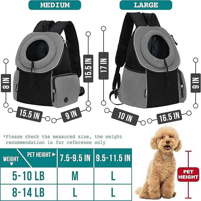 PetAmi Dog Front Carrier Backpack, Ventilated Adjustable Dog Pet Cat Chest Carrier Backpack, Dog Carrier for Hiking Camping Travel, Small Dog Puppy Medium Cat Carrying Bag, Max 14 lbs, Grey