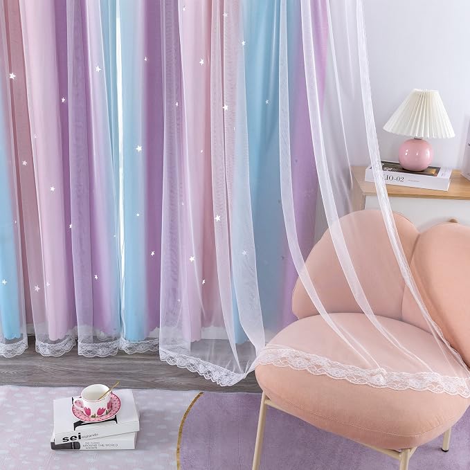 XiDi Curtains for Bedroom Decor, Rainbow Pink Purple/34/96