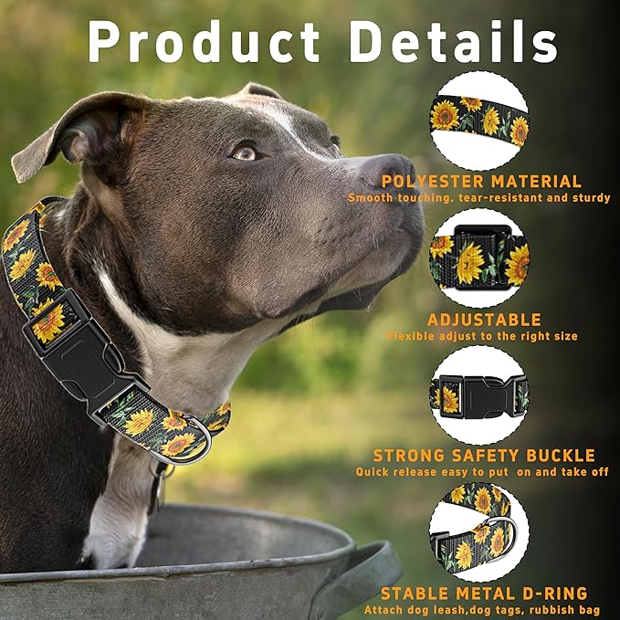 Dog Collar for Boys Girls, Sunflower Puppy Collar for Small Medium Large Dogs, Adjustable Soft Floral Pet Collar with Safety Buckle for Male Females(Black Sunflower,M)