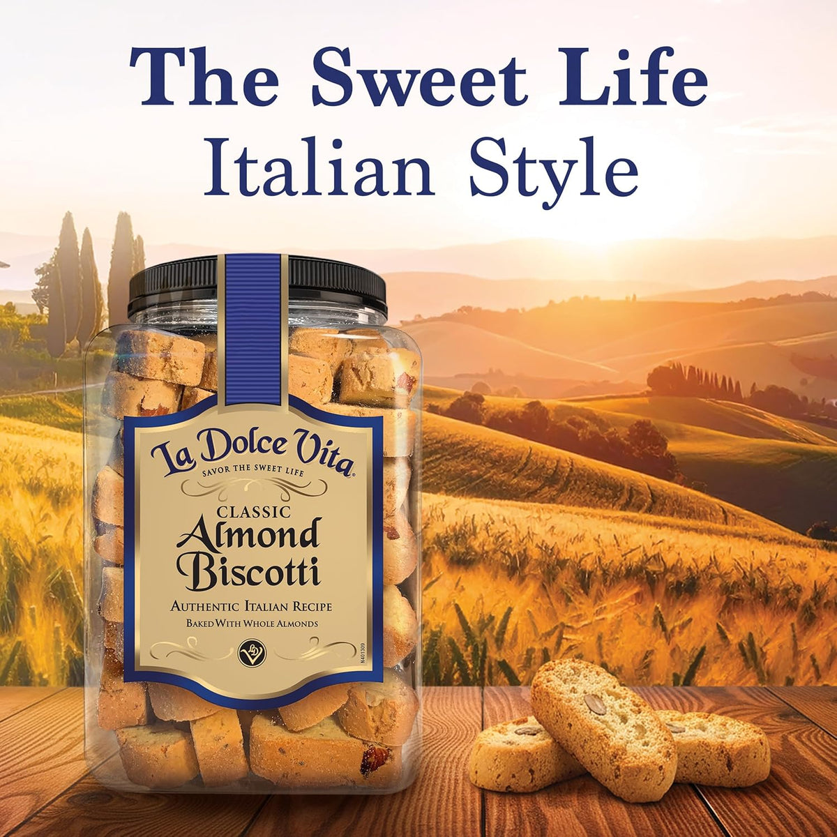 La Dolce Vita Classic Almond Italian Biscotti Cookies, 40 oz jar, gourmet coffee and tea dipping snack