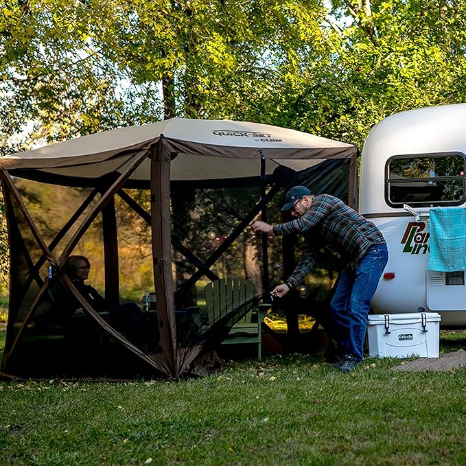 CLAM Venture 9 x 9 Foot Portable Outdoor Gazebo Canopy Camping Tent Shelter, with 3 Wind and Sun Panels and Carry Bag Accessory, Brown