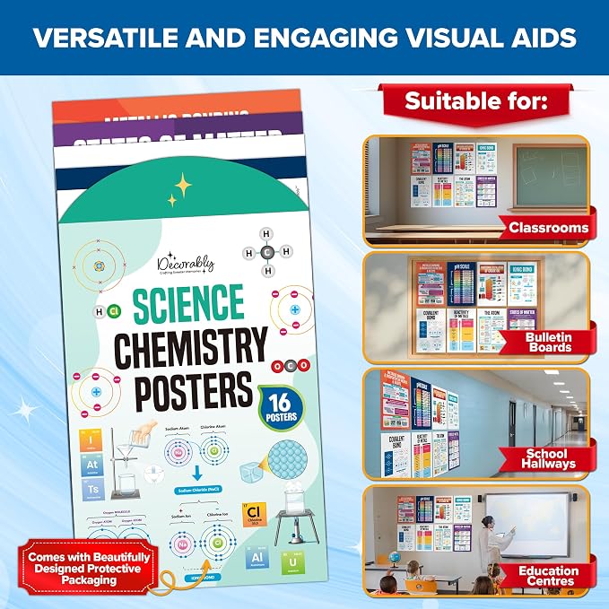 Decorably 16 Chemistry Science Posters for Classroom High School, 11x17in | Educational Matte-Laminated Chemistry Classroom Decor for Science Lab, Hallways, Bulletin Boards, Home Study Room