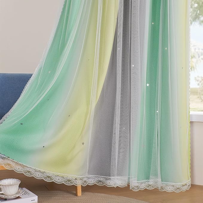 XiDi Curtains for Bedroom Decor, Rainbow GreenYellowGrey52/90/1