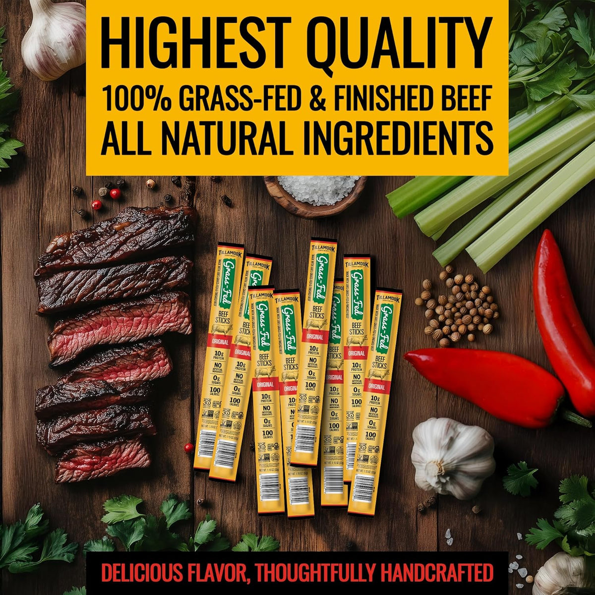 Tillamook Country Smoker 100% Grass Fed Beef Sticks, Zero Sugar, Original, 1.15 Ounce, 8 Pack, Non-GMO Clean Meat Snacks, 10g High Protein Per Stick, Gluten Free Keto Snack, Individually Wrapped