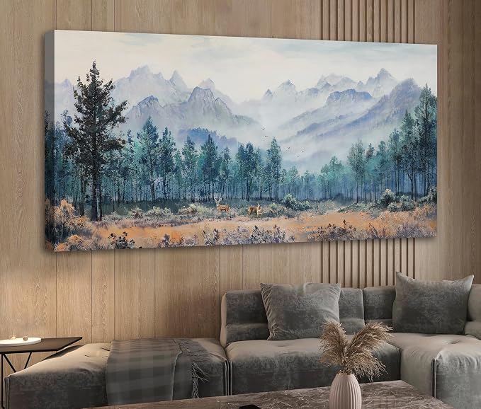 Anolyfi Foggy Forest Mountain Canvas Wall Art, Nature Tree Landscape Painting