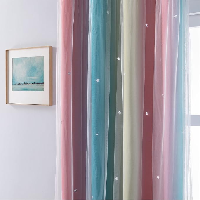 XiDi Curtains for Bedroom Decor, Rainbow Pink-Blue-34-45