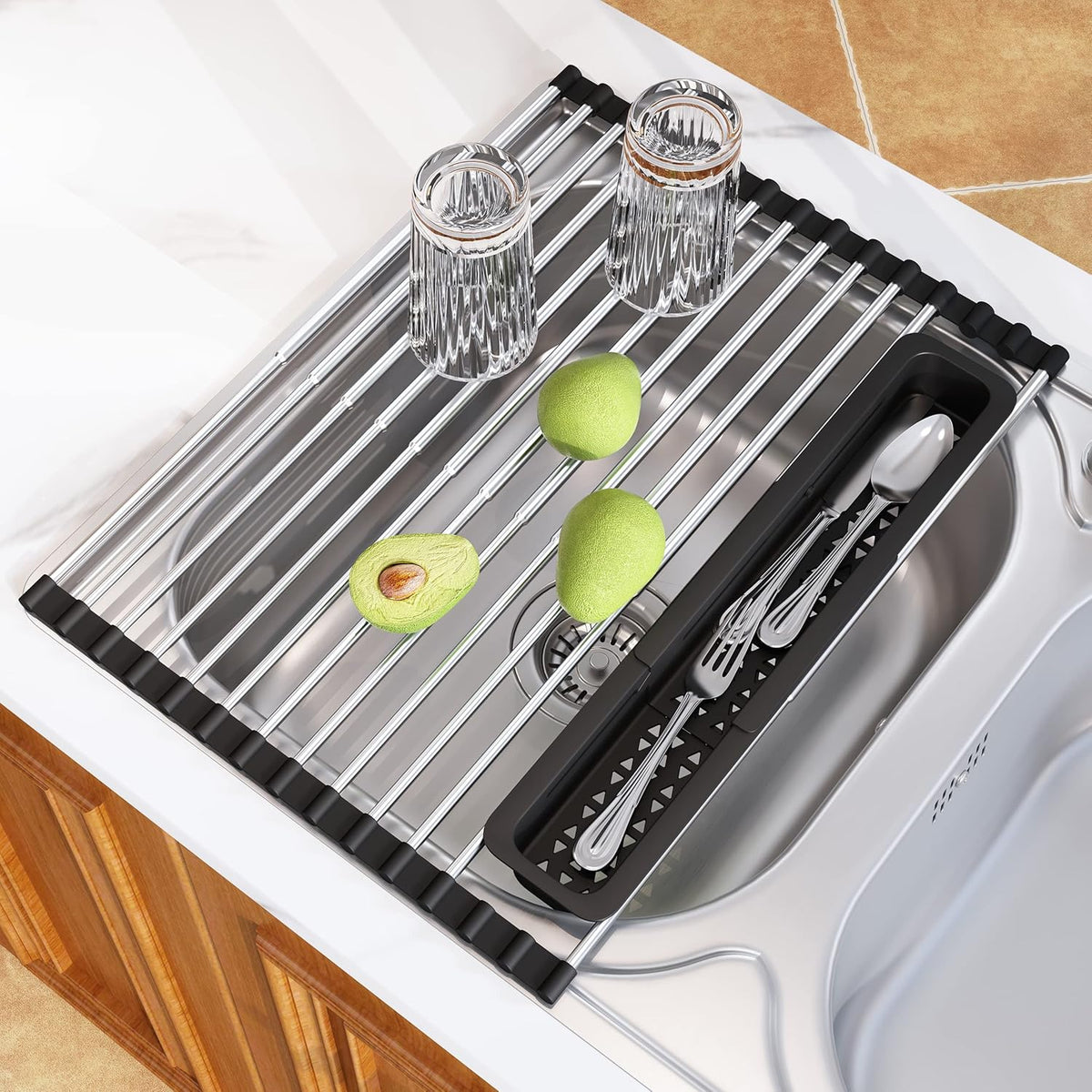 JASIWAY Dish Drying Rack in Sink, Expandable Stainless Steel Dish Drainers for Kitchen Counter, Dish Dryer Rack for Inside Sink, Over The Sink Dish Racks with Utensil Holder, Silver