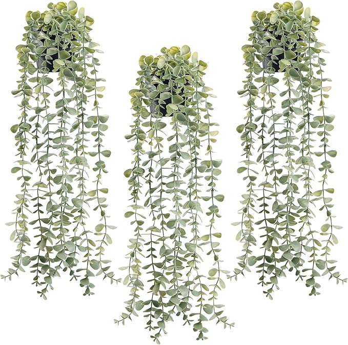 Der Rose 3Pcs Fake Plants Hanging Artificial Decor Faux Potted Eucalyptus Plants
