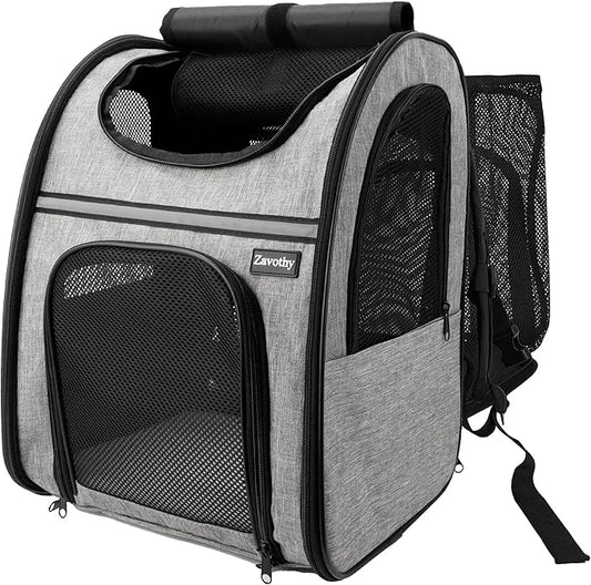 Zavothy Cat Backpack Carrier, Expandable Airline Approved Pet Backpack for Small Cats & Dogs, Breathable Mesh Cat Carrier Backpack with Padded Bottom, Foldable Travel Bag - Grey