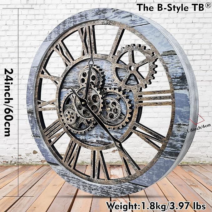 The B-Style Large Wall Clock 24 inch Moving Gear Wall Clock Oversized Vintage